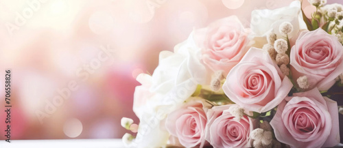 Bouquet of pink roses on pastel abstract bokeh background. Valentine's day, wedding and celebrate concept