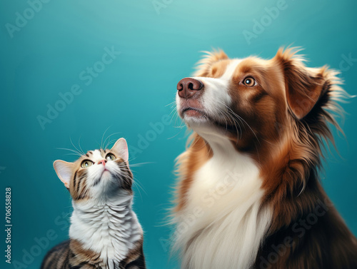 Cat and dog looking up in a blue color background