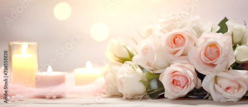Bunch of pink, white roses and candles on abstract blur pastel background. Wedding flowers bokeh background #706558838