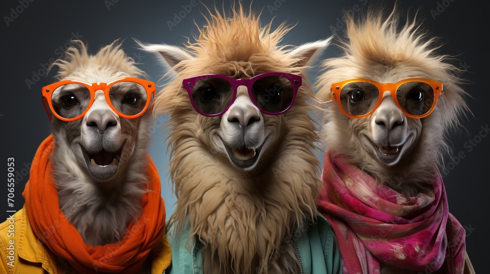 3 animaux avec pleins de poils humoristiques qui rigolent avec des lunettes de soleil en studio photo - obrazy, fototapety, plakaty 