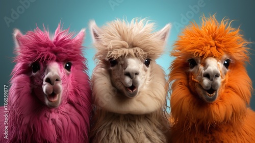 3 lamas avec pleins de poils humoristiques qui rigolent avec des lunettes de soleil en studio photo photo