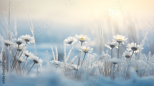 Snow-Kissed Daisy Field in Winter - AI Generated photo