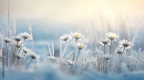 Snow-Kissed Daisy Field in Winter - AI Generated