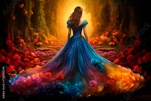 A girl in a rainbow multi-colored dress walks through a fabulous dense forest surrounded by blooming roses, rear view.