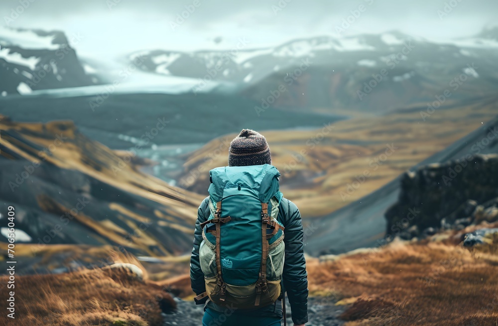 Summit Conqueror - Hiker with Backpack Standing on Top of a Large Rock near Majestic Mountains - solo travel concept Summit Conqueror - Hiker with Backpack Standing on Top of a Large Rock near Majestic Mountains - solo travel concept