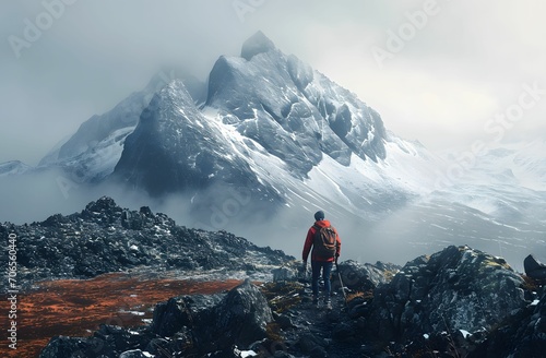 Journey to the Summit - Man Hiking Towards a Majestic Mountain Peak