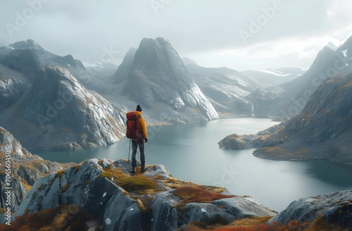 Journey to the Summit - Man Hiking Towards a Majestic Mountain Peak © Sri