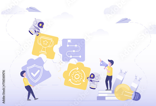 Artificial Intelligence (AI) technology and complete puzzle jigsaw. Collaboration, problem solving, strategy management, tactical planning, setting goal to success. Flat vector design illustration.