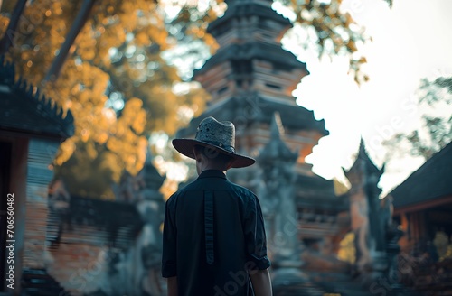 Back View of Man in Hat and Black Shirt Standing Near an Old Temple with Innovative Techniques - Soft-Focused Realism © Sri