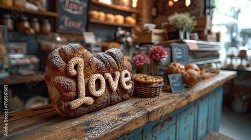 "Love" écrit sur du pain posé sur une table bois dans une boulangerie rustique