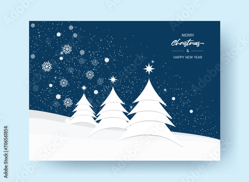 Greeting card or banner Merry Christmas and Happy New Year. Minimalist style. New Year's fir trees, snow, snowflakes, Jesus star on a white and blue background