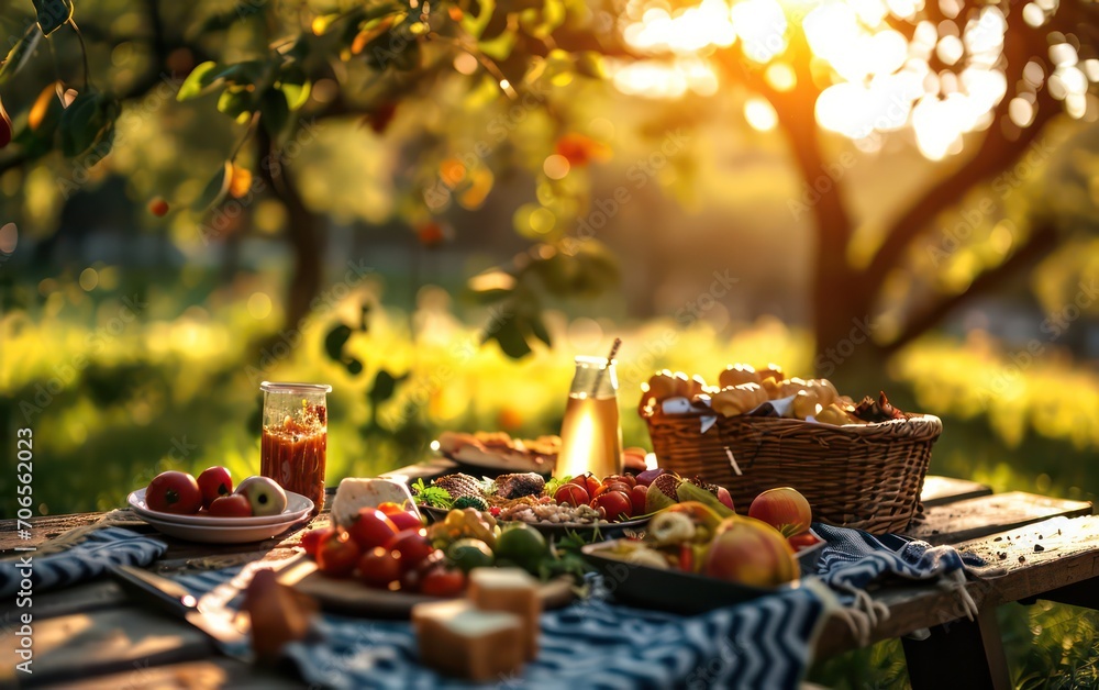A delectable picnic spread featuring fresh food is arranged in a picturesque park during the serene morning sunrise, creating a delightful and appetizing outdoor dining experience. A delectable picnic spread featuring fresh food is arranged in a picturesque park during the serene morning sunrise, creating a delightful and appetizing outdoor dining experience.