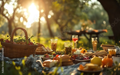 A delectable picnic spread featuring fresh food is arranged in a picturesque park during the serene morning sunrise, creating a delightful and appetizing outdoor dining experience.