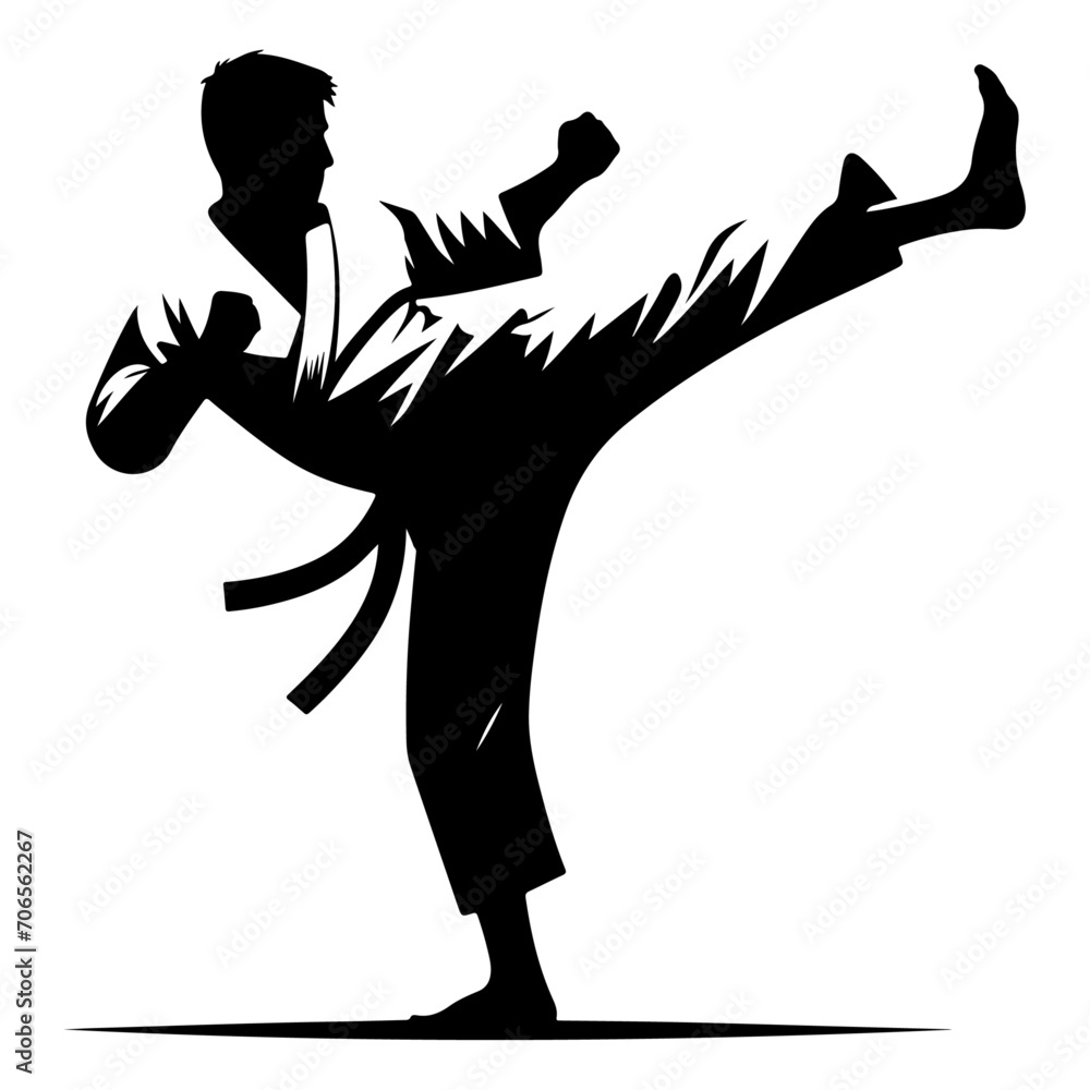 minimal Karate kick vector silhouette, black color silhouette