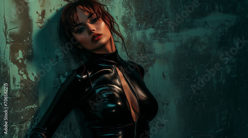 Seductive Role Play: Brunette Woman in Latex Catsuit Engaging in Fantasy Scenarios