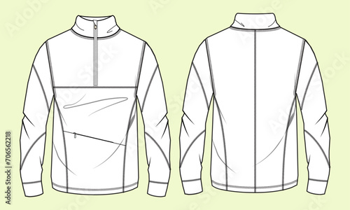 Mens zip through funnel neck sweatshirt flat sketch vector illustration gym and training long sleeve zip up sports long sleeve t shirt technical cad drawing template