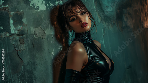 Seductive Role Play: Brunette Woman in Latex Catsuit Engaging in Fantasy Scenarios photo