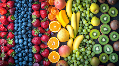 frutta in pezzi e intera disposta in modo ordinato e cromaticamente elegante vista dall alto