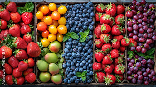 frutta in pezzi e intera disposta in modo ordinato e cromaticamente elegante vista dall'alto photo
