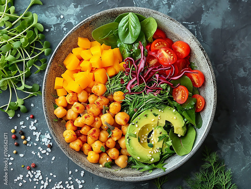 insalata di verdure vegana disposta in modo ordinato per ingrediente in scodella , contenente pomodori, cipolle, mango, insalata, zucca photo