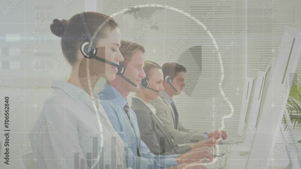 Animation of financial data processing over diverse business people with phone headsets Animation of financial data processing over diverse business people with phone headsets