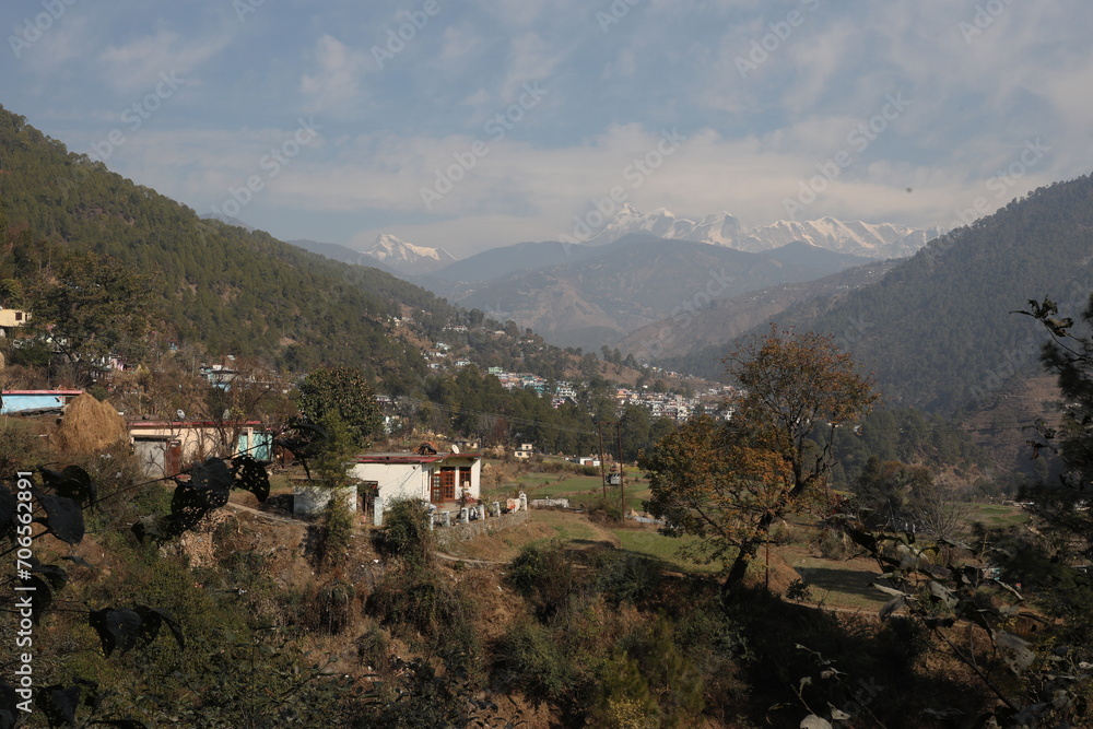 mountain village with lots of historical houses in the lap of himalaya in kumaon region of uttarakhand state in India