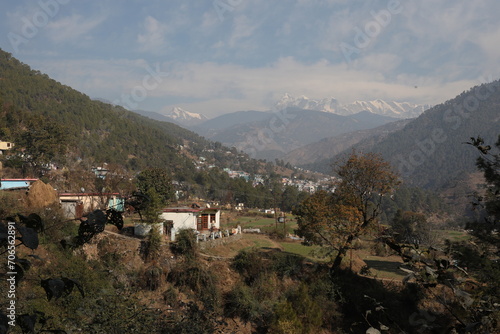 mountain village with lots of historical houses in the lap of himalaya in kumaon region of uttarakhand state in India