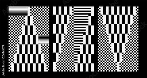 Geometric abstract background. Y2k Pixels glitch trendy print, abstract black and white. Cyber futurism, Minimal graphic design, 8 bit, rave, Sequence of QR codes, neon gradient. QR - pattern 
