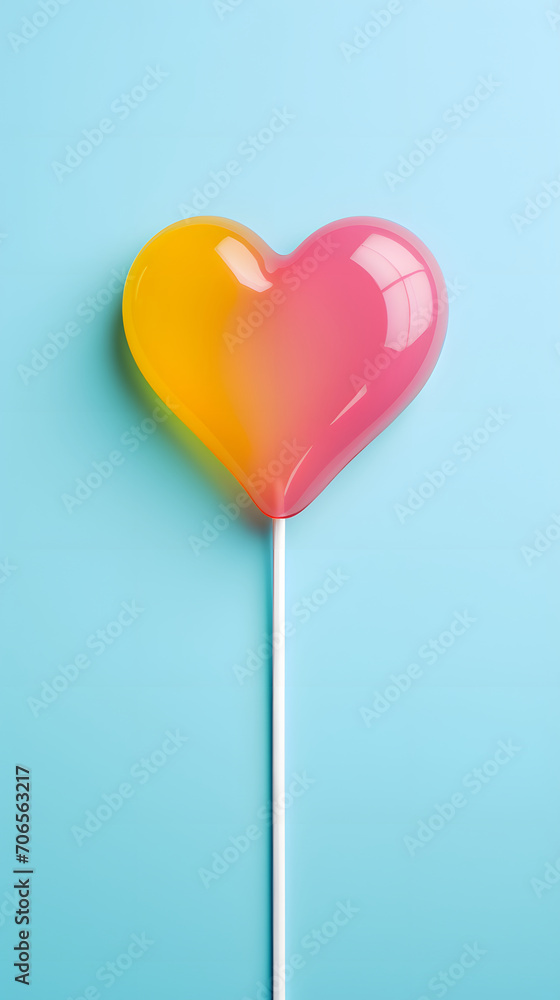 Heart shaped lollipop on a light blue background. Minimal love and women's day background	