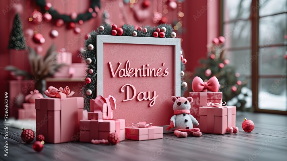 " Valentine day " écrit dans un cadre blanc avec un fond rose - obrazy, fototapety, plakaty 