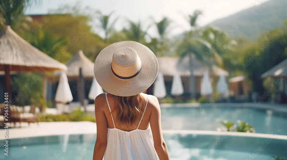 Fototapeta premium happy woman in a hat, rear view, looking at the sea, ocean. recreation, tourism.