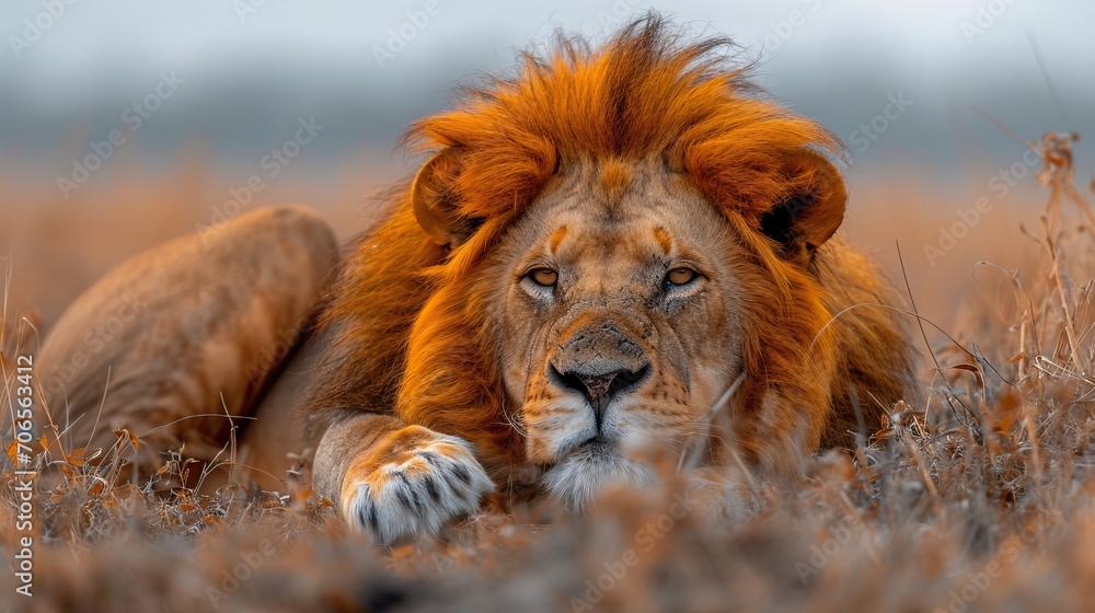 Lion couché ,paisible et calme et pensif dans la savane