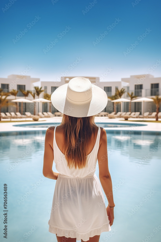 Fototapeta premium happy woman in a hat, rear view, looking at the sea, ocean. recreation, tourism.
