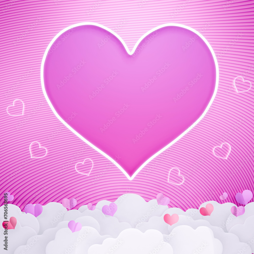 Happy Valentine's day blank pink background, beautiful paper cut clouds with 3d. Mock up product display presentation design. big heart shape glowing. 3d rendering