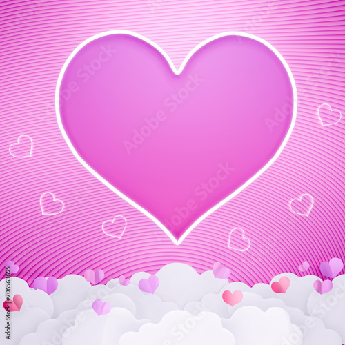 Happy Valentine's day blank pink background, beautiful paper cut clouds with 3d. Mock up product display presentation design. big heart shape glowing. 3d rendering