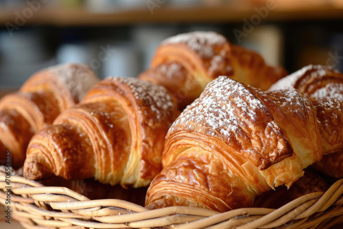A basket of freshly baked croissants  flaky and golden  with a dusting of powdered sugar