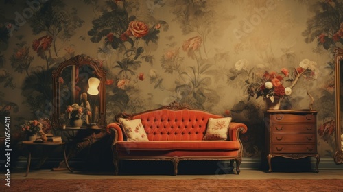 Elegant Vintage Living Room Interior Design. Classic interior design featuring a red tufted vintage sofa, ornate mirror, and floral arrangements against a floral wallpaper backdrop. photo