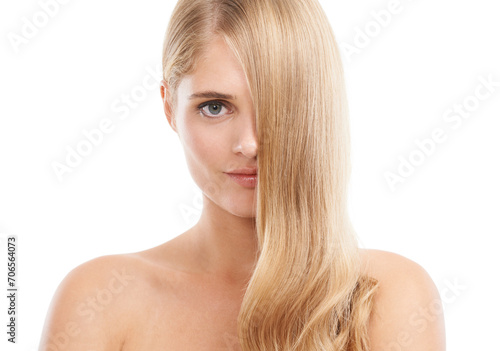 Woman, hair and beauty with shine, cosmetics for healthy skin glow with volume or growth on white background. Self care, model with haircare and dermatology for skincare in portrait in studio