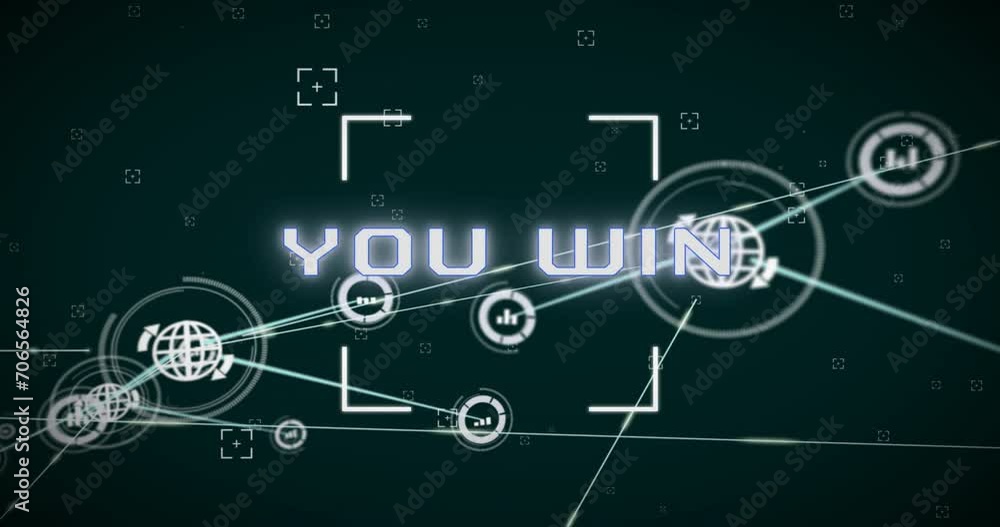 Animation of you win text and network of connections on black background Animation of you win text and network of connections on black background