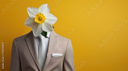  a narcissus bud instead of a head in a jacket on a yellow background. a place for text, congratulations. photo