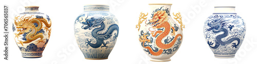 A set of beautiful Chinese dragon pattern vases isolated on a transparent background PNG