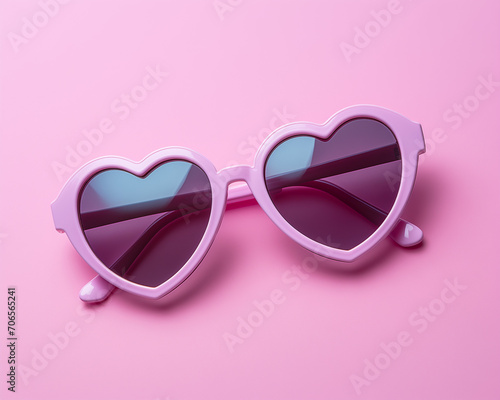 Purple heart shaped sunglasses on purple background. Pastel colors in the style of minimalism