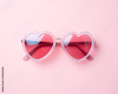 Pink sunglasses shaped like heart on a light pink background. Pastel colors in the style of minimalism