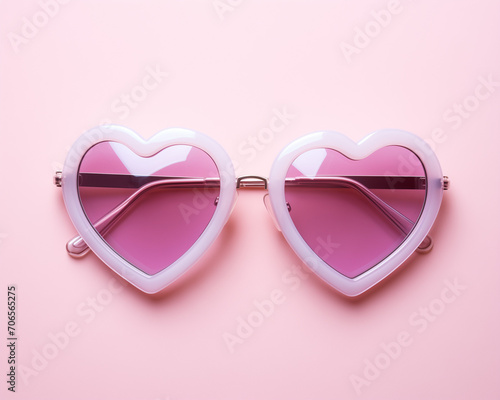 Pink heart shaped sunglasses on light pink background. Pastel colors in the style of minimalism