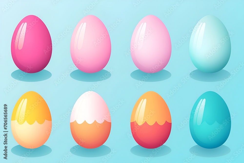 Set of easter eggs flat design on blue background, illustration, pastel, easter concept