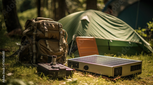 Solar panels in the forest. Camping trip.