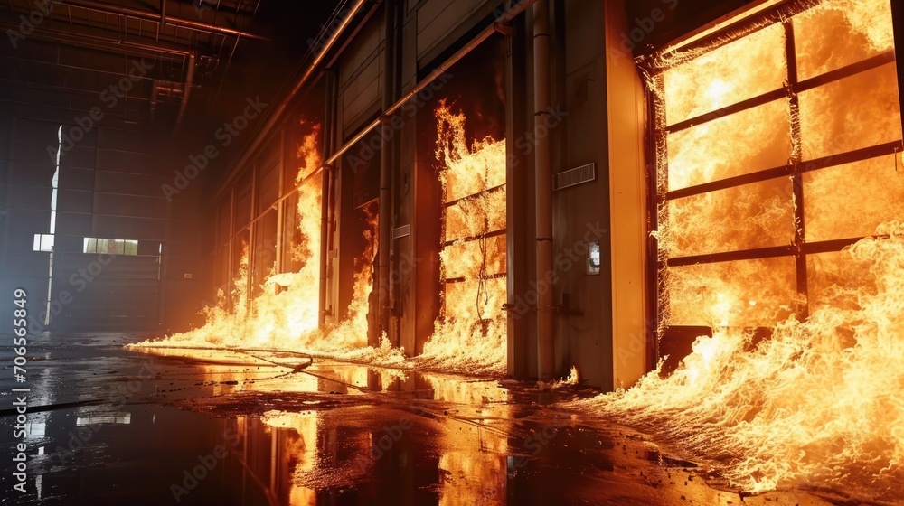 Burning gates in a factory or warehouse, lifting and sectional doors on fire Burning gates in a factory or warehouse, lifting and sectional doors on fire