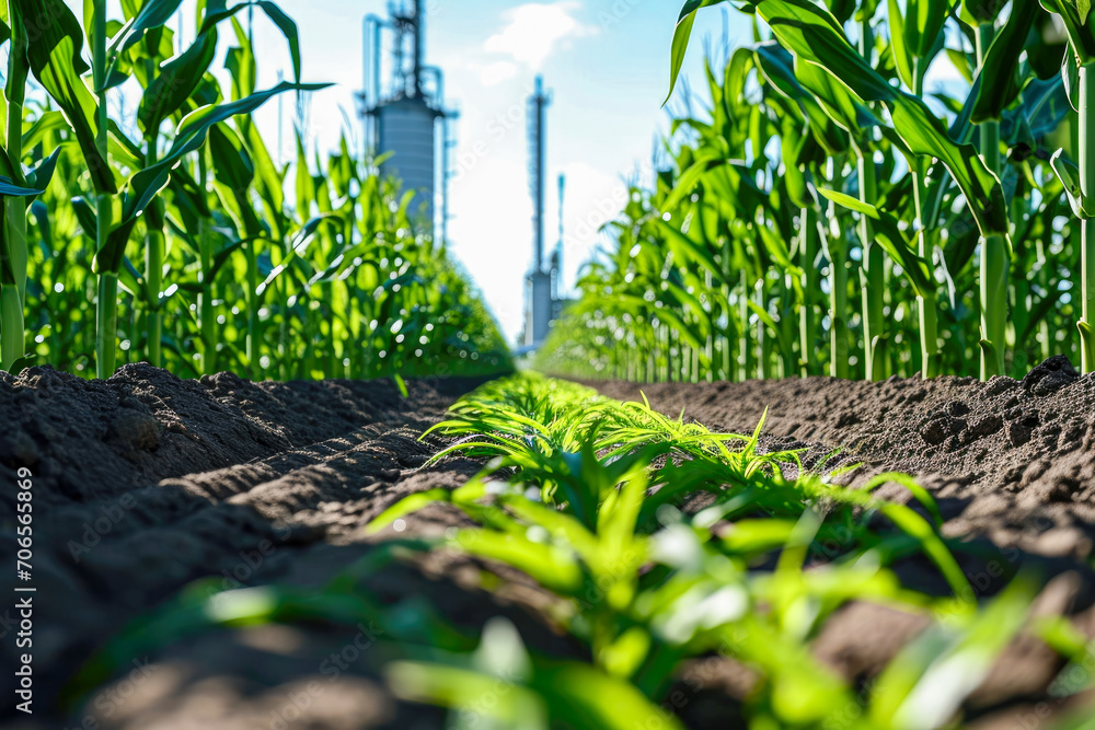 biofuel production facility converting corn or sugarcane into ethanol - obrazy, fototapety, plakaty 