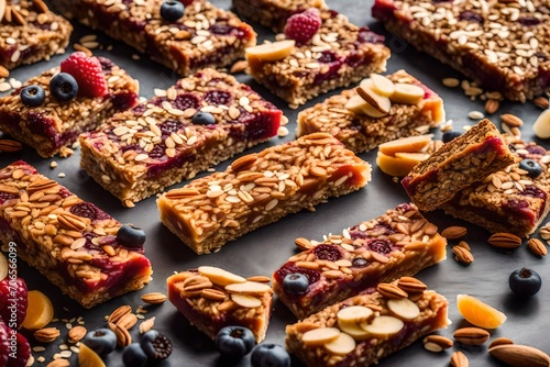 Various granola bars on table background. Cereal granola bars. Superfood breakfast bars with oats, nuts and berries, close up