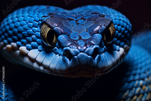 cobra snake, closeup face of blue viper snake, black background